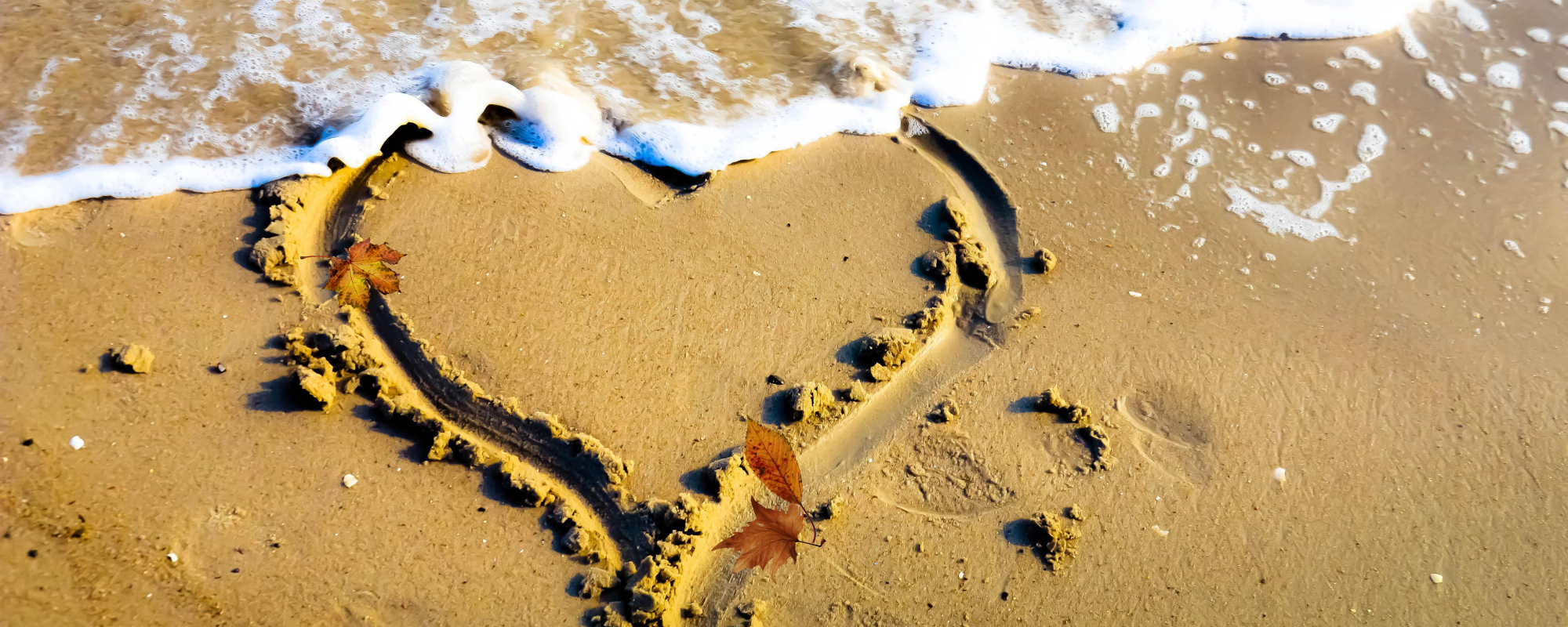 Seasonal transition analogy of sand heart washed away and covered by leaves