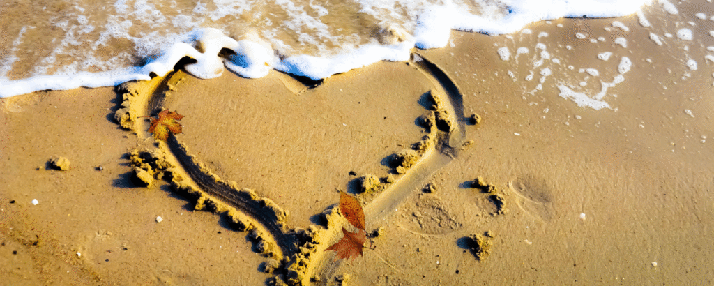 Seasonal change analogy of heart getting washed by waves and covered by falling leaves.